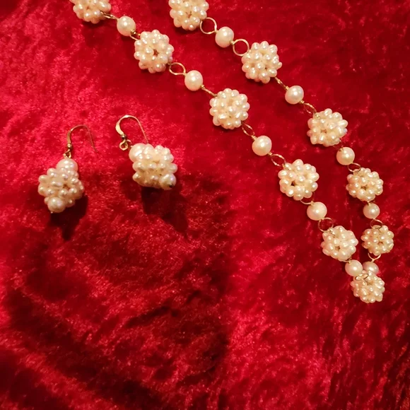STERLING Faux Pearl Cluster Necklace and Drop Earrings Set - White